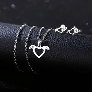 Hollow heart wing necklace and earrings set in silver stainless steel finish