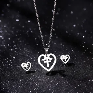 Stainless steel heart and cross jewelry set with hollow heart pendant and stud earrings