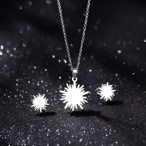 Polished stainless steel sunburst pendant necklace and stud earrings set for women