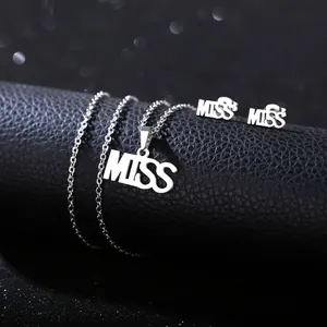 Minimalist silver stainless steel MISS letter pendant necklace and stud earrings set