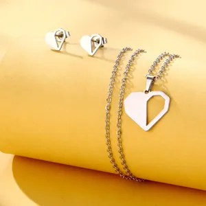 Minimalist stainless steel hollow heart necklace and stud earrings set in silver finish