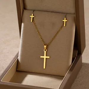 Stainless Steel Cross Pendant Necklace And Stud Earrings Jewelry Set Minimalist Geometric Fashion Accessories For Women Gold Silver
