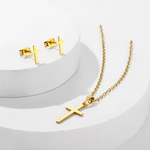 Minimalist gold stainless steel cross pendant necklace and stud earrings jewelry set