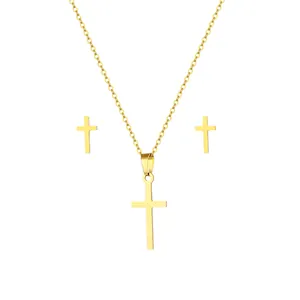 Polished gold stainless steel cross pendant necklace and stud earrings jewelry set