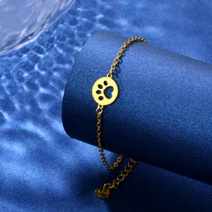Bracelet en Acier Inoxydable avec Empreinte de Patte Creuse pour Femme Pendentif Cœur Patte de Chat Chien Chaîne Ajustable Bijoux