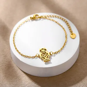 Minimalist gold stainless steel owl pendant bracelet with adjustable link chain