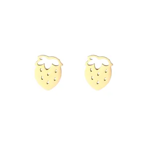 Detailed close-up of hollowed-out strawberry gold earrings in polished stainless steel