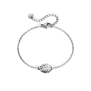 Polished stainless steel chain bracelet with a monstera leaf pendant and lobster clasp