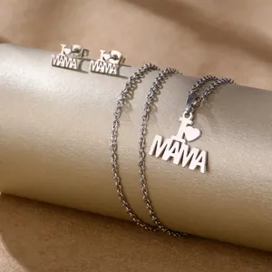 Polished stainless steel I Love Mama jewelry set with necklace and stud earrings