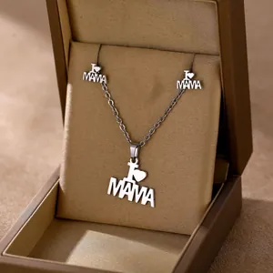Polished stainless steel I Heart MAMA jewelry set with necklace and earrings in a gift box