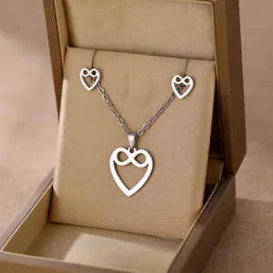 Polished stainless steel heart and infinity necklace with matching stud earrings set