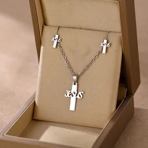 Stainless steel cross necklace and earrings jewelry set featuring Jesus engraving in gift box