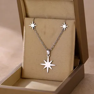 Elegant silver stainless steel North Star necklace displayed in a luxury gold jewelry gift box