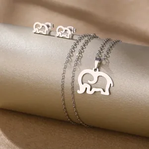 Polished stainless steel hollow elephant necklace and stud earrings set for women