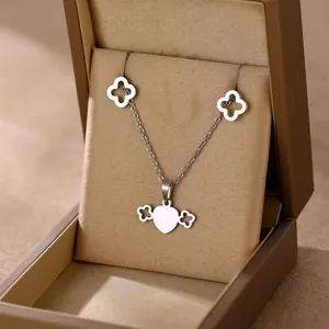 Elegant stainless steel silver heart clover jewelry set with necklace and earrings