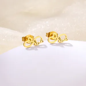 Pair of polished gold stainless steel Love letter stud earrings for women and girls