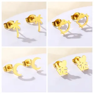 Minimalistische Roestvrijstalen Vergulde Oorknopjes Voor Vrouwen Kokospalm Maan Kat Hart Love Patroon Mode Sieraden Cadeau