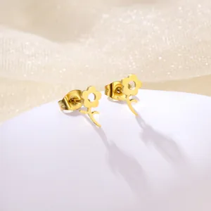 Elegant gold hollow flower earrings in stainless steel with polished metallic finish