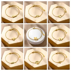 Minimalist Stainless Steel Animal Geometric Bracelet For Women Hollow Cat Starfish Rose Flower Gold Plated Adjustable Jewelry