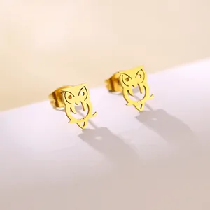 Hollow owl shaped stainless steel stud earrings in polished golden finish for women