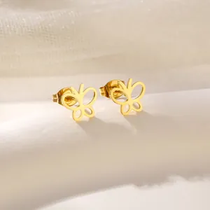 Close-up of gold stainless steel butterfly earrings with a minimalist hollow design
