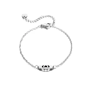Minimalist silver stainless steel handcuff link bracelet with adjustable heart charm