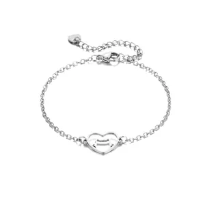 Bracciale in acciaio inossidabile con cuore traforato e gatto con catena regolabile