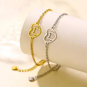 Bracciale Pendente Gatto Cuore Svuotato in Acciaio Inossidabile Minimalista per Donna Gioielli Animali Domestici Oro Argento