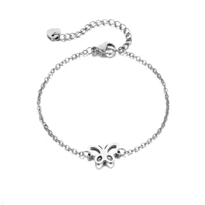 Elegant stainless steel silver chain bracelet with hollow butterfly charm and heart tag