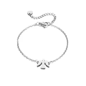 Minimalist stainless steel angel charm bracelet with adjustable lobster clasp on white background