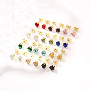 Boucles d'Oreilles Clous en Acier Inoxydable Zirconium Couronne Six Griffes Géométrique Minimaliste Rond Bijoux Femme Cadeau
