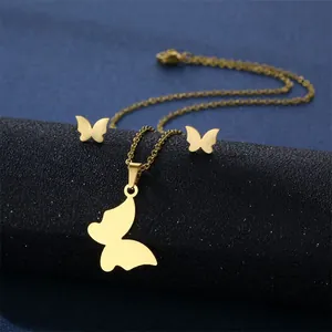 Detailed close-up of golden butterfly necklace and earrings set with polished finish