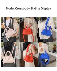 Quilted puffy bags in pink, orange and blue shown on a model in an outdoor setting