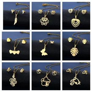 Stainless Steel Jewelry Set For Women Gold Plated Necklace Earrings Hollow Butterfly Heart Snake Cactus Floral Jewelry Gift