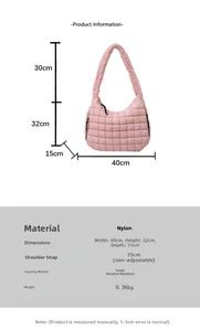 Pink quilted cloud bag dimensions showing 40cm width and nylon material details
