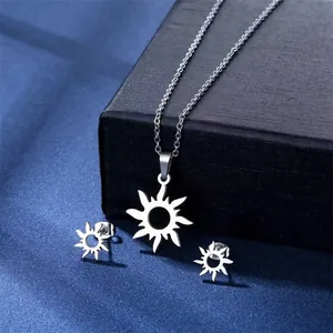 Detailed view of silver stainless steel sunburst necklace and stud earrings jewelry set