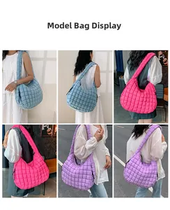 Detailed model views of large quilted puffer hobo bags in blue, purple and rose colors