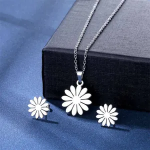 Detailed view of silver stainless steel daisy pendant necklace and matching stud earrings