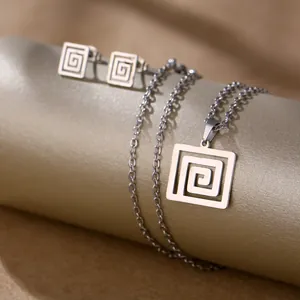 Detailed view of geometric stainless steel necklace and earrings with spiral pattern