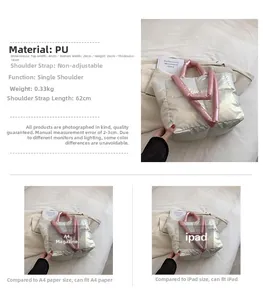 Detailed dimensions of silver quilted tote bag showing large capacity for A4 and iPad