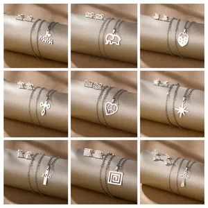 Minimalist Stainless Steel Jewelry Set For Women Silver Polished Hollow Heart Cross Animal Pendant Necklace Stud Earrings Set Fashion Daily Jewelry
