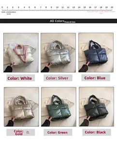 Quilted down fabric tote bags shown in six metallic colors with a size reference ruler