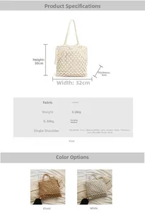 Detailed size and color chart for hand-woven bohemian summer beach tote bag