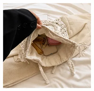 Internal view of bohemian woven tote showing large capacity for essentials like a phone