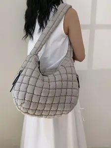 Quilted light grey cloud bag with large capacity and soft puffer texture for women