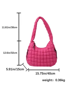 Pink quilted cloud shoulder bag for women with detailed product dimensions and weight