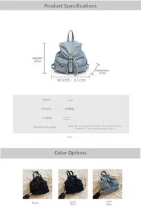 Especificaciones de tamaño y opciones de color para la mochila vintage de mezclilla mujer