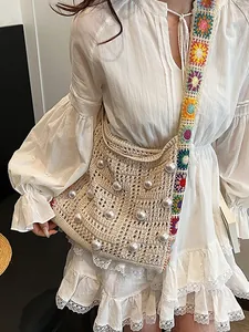 Boho Hand Gehäkelte Schultertasche Für Damen Vintage Strick Tote Mit Perlenverzierung Blumenriemen Urlaub Strandtasche