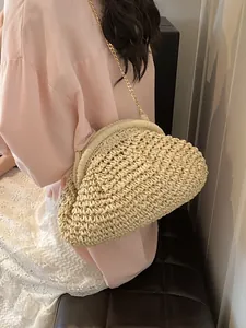 Sac Nuage Tissé en Paille pour Femmes Été Plage Vacances Chaîne Bandoulière Tissé à la Main Sac à Épaule Pochette