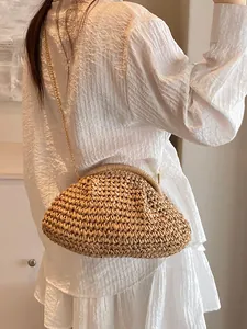 Sac nuage tressé en paille pour femme avec bandoulière chaîne pour la plage